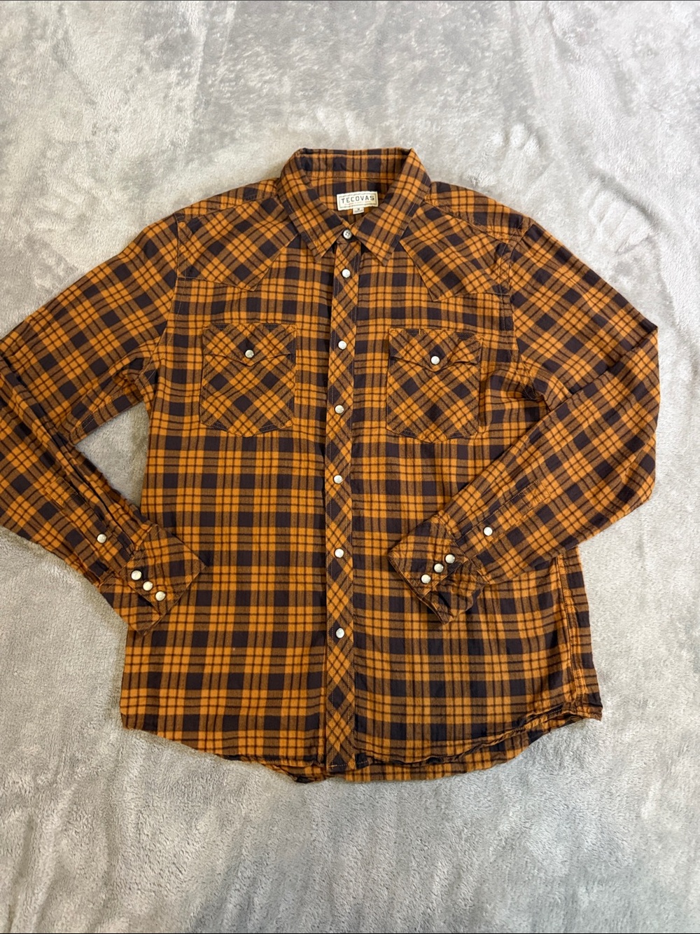 Tecovas Orange Pearl Snap Plaid Western Button-Down Shirt